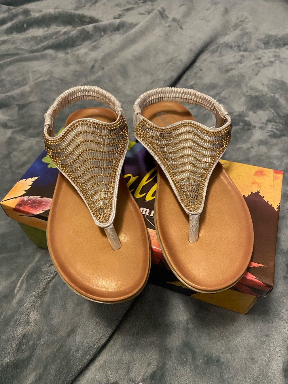 Italina Gold Beaded Thong Sandals with Tan Footbed